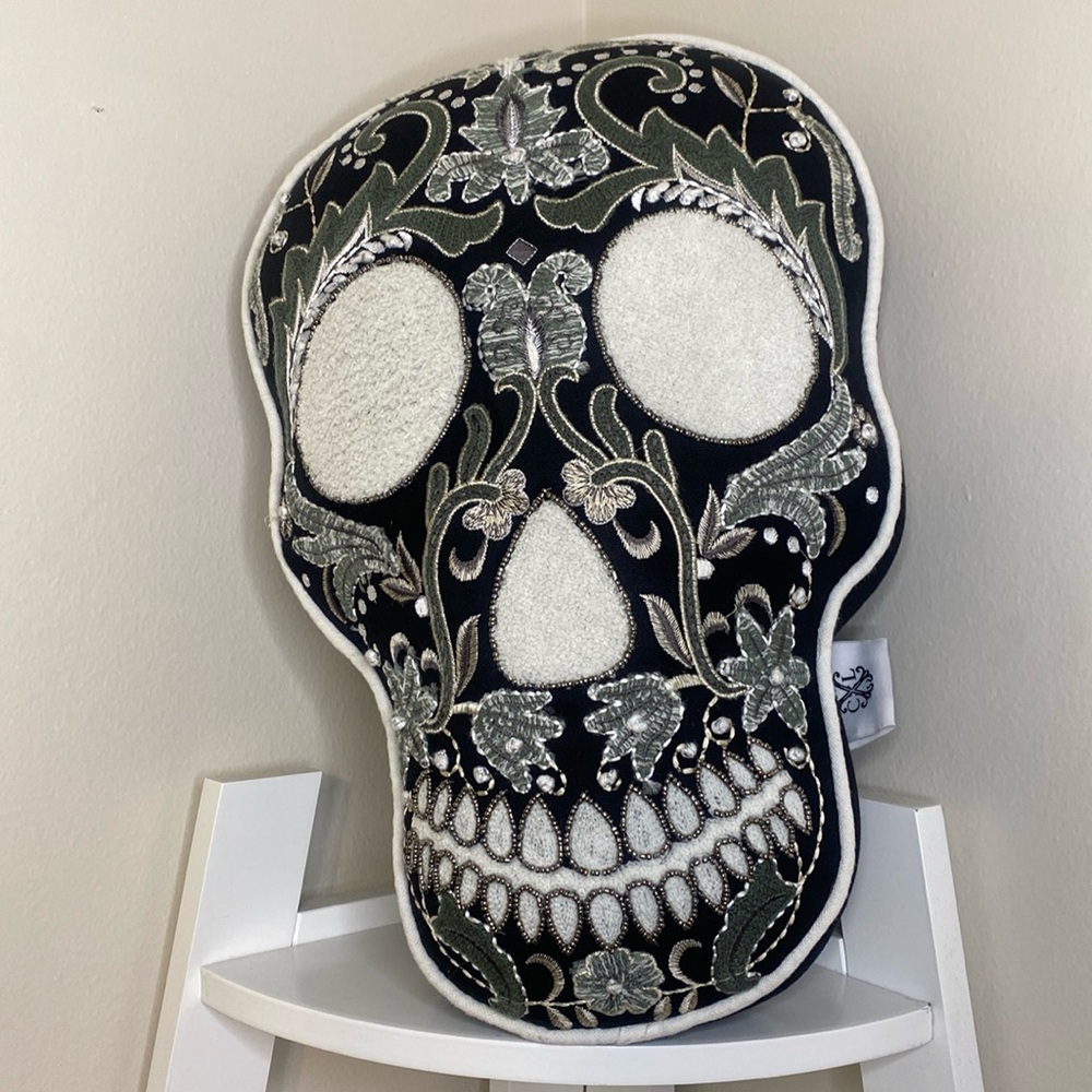 Christian LaCroix Black Embroidered Skull Floral Pillow Accent Skeleton